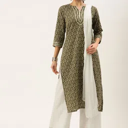 Saanjh Women Green Ethnic Motifs Printed Regular Pure Cotton Kurta with Palazzos & With Dupatta-picture-45