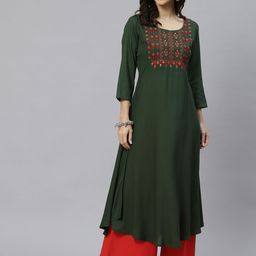 Ives Women Green Ethnic Motifs Embroidered Kurta-image-48