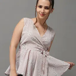 SHOWOFF Beige Floral Print Georgette Peplum Top-image-72