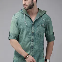 The Roadster Lifestyle Co Men Teal Green Solid Regular Fit Hooded Denim Casual Shirt-image-30