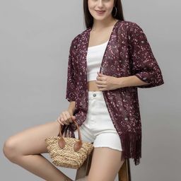 PURYS Floral Printed Tasselled Open Front Shrug-8