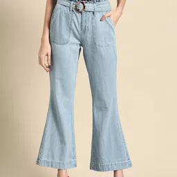 all about you Women Blue Light Wash Denim Bootcut Jeans with Belt and Hornbuckle-image-49