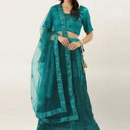 LADUSAA Teal Blue Embroidered Semi-Stitched Lehenga & Blouse with Dupatta-image-1