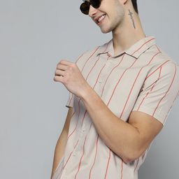 HERE&NOW Men Beige & Red Slim Fit Striped Pure Cotton Casual Shirt-image-97