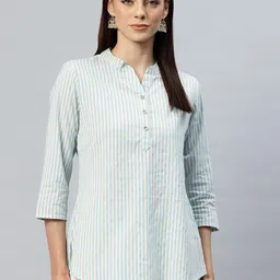 Cottinfab Striped Mandarin Collar Cotton Top-image-41