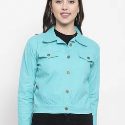 VOXATI Women Turquoise Blue Solid Denim Jacket-image-57