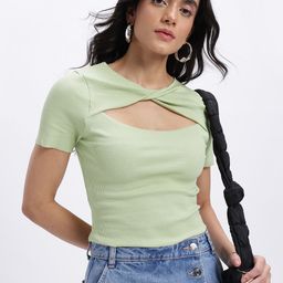 glitchez Ribbed Twisted Cut-Out Neck Slim Fit Crop Top-image-92