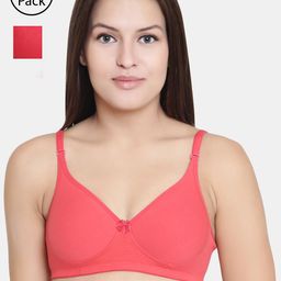 Floret Set Of 2 Peach-Coloured & Red Solid Non-Wired Lightly Padded T-shirt Bra-2