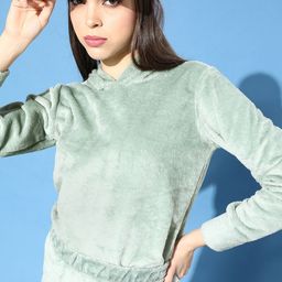 Tokyo Talkies Women Gorgeous Green Solid Velvet Sweatshirt-image-22
