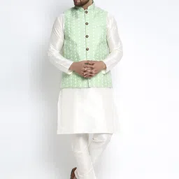 Jompers Men Off-White Solid Kurta Set with Jacket-image-49