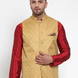 Jompers Men Gold-Coloured Woven Design Nehru Jacket-picture-2