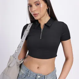 glitchez Textured Play Polo Collar Crop Top-image-7