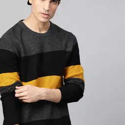 Roadster Men Black & Mustard Yellow Striped Pullover Sweater-picture-17
