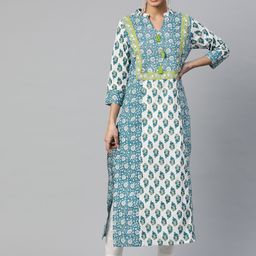 SVARCHI Women White & Blue Ethnic Motifs Printed Kurta-image-9