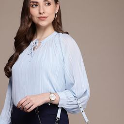 French Connection Self Striped Tie-Up Neck Top Comes With A Inner Camisole-image-52