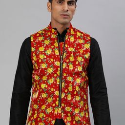 Svanik Men Red & Yellow Floral Printed Slim Fit Nehru Jacket-picture-12
