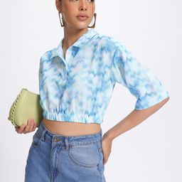 glitchez Abstract Canvas Printed Shirt-Style Cinched Waist Crop Top-picture-2