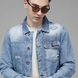 Voi Jeans Men Blue Pure Cotton Washed Denim Jacket-picture-50