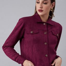 Athena Women Burgundy Solid Tailored Suede Jacket-picture-31