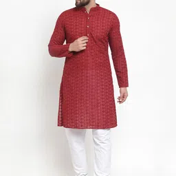 TREEMODA Men Maroon & White Embroidered Chikankari Kurta with Churidar-image-80