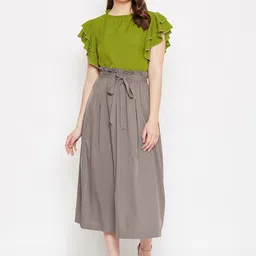 Bitterlime Women Green & Taupe Solid Top with Skirt-image-11