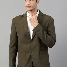HARSAM Men Olive Self Design Regular-Fit Single-Breasted Formal Pure Cotton Blazer-picture-18