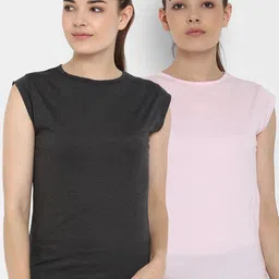 appulse Women Pack of 2 Pink & Charcoal Grey Solid Round Neck T-shirt-image-125