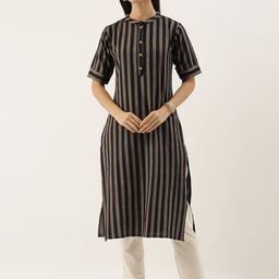 CATCHY Women Black & Grey Striped Straight Cotton Handloom Kurta-picture-10
