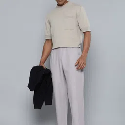 ether Men Grey Solid Tapered Fit Pleated Trousers-image-67