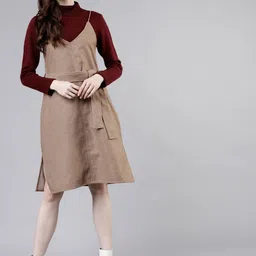 Tokyo Talkies Women Beige Solid A-Line Dress-image-28