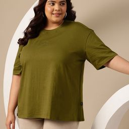 Sztori Plus Size Drop-Shoulder Sleeves Pure Cotton Applique T-shirt-image-14