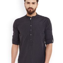 even Men Black Striped Short Straight Kurta-image-21
