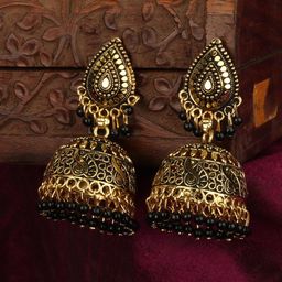 ANIKAS CREATION Black & Gold-Plated Dome Shaped Jhumkas-50