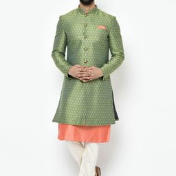 KISAH Men Green & Orange Self-Design Sherwani Set-image-12