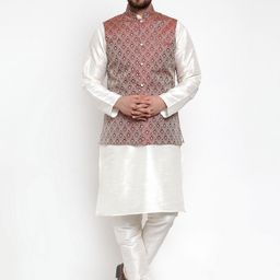 Jompers Men White & Maroon Solid Kurta with Churidar And Nehru Jacket-image-81