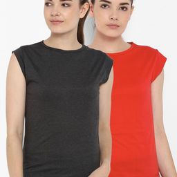 appulse Women Pack of 2 Charcoal Grey & Red Solid Round Neck T-shirt-picture-10