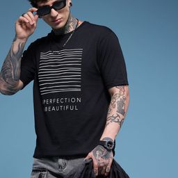 HERE&NOW Pure Cotton Typography Printed Drop-Shoulder Sleeves Relaxed Fit T-shirt-picture-37