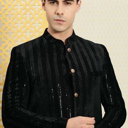 House of Pataudi Men Jashn Mandarin Collar Velvet Sequined Bandhgala Blazer-picture-47