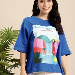 Mast & Harbour Pure Cotton Graphic Printed Drop-Shoulder Sleeves Relaxed Fit T-shirt-picture-4