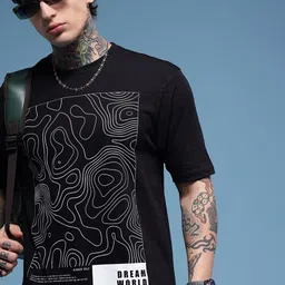 HERE&NOW Abstract Printed Drop-Shoulder Sleeves Pure Cotton Oversized T-shirt-image-45