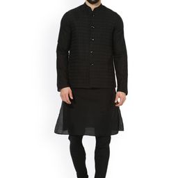 KISAH Men Black Self Design Kurta with Churidar & Nehru Jacket-picture-4