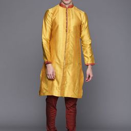 Manu Men Mustard Yellow & Maroon Striped Regular Kurta with Churidar-picture-15