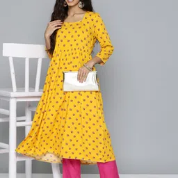 HERE&NOW Women Yellow Floral Printed Floral Kurta-picture-17
