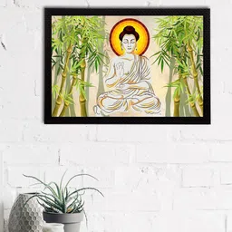 eCraftIndia Cream-Coloured & Green Meditating Lord Buddha Satin Matt Textured UV Wall Painting-image-89