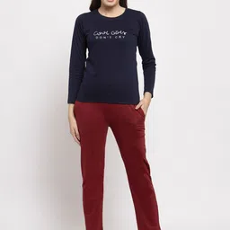 Claura Women Navy Blue & Maroon Solid Night Suit-image-38