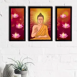 eCraftIndia Set Of 3 Pink & Yellow Meditating Lord Buddha Satin Matt Textured UV Art Painting-image-33