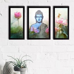 eCraftIndia Set of 3 Blue & Green Meditating Lord Buddha Satin Matt Textured UV Wall Paintings-42