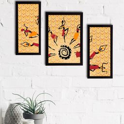 eCraftIndia Set of 3 Beige & Black Tribal Theme Satin Matt Textured UV Wall Paintings-image-18