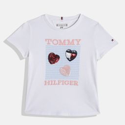 Tommy Hilfiger Girls Brand Logo Print & Checked Sequinned Pure Cotton Slim Fit T-shirt-picture-1