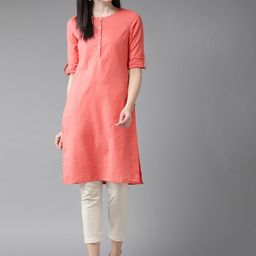 W Women Coral Orange Solid Straight Kurta-image-78